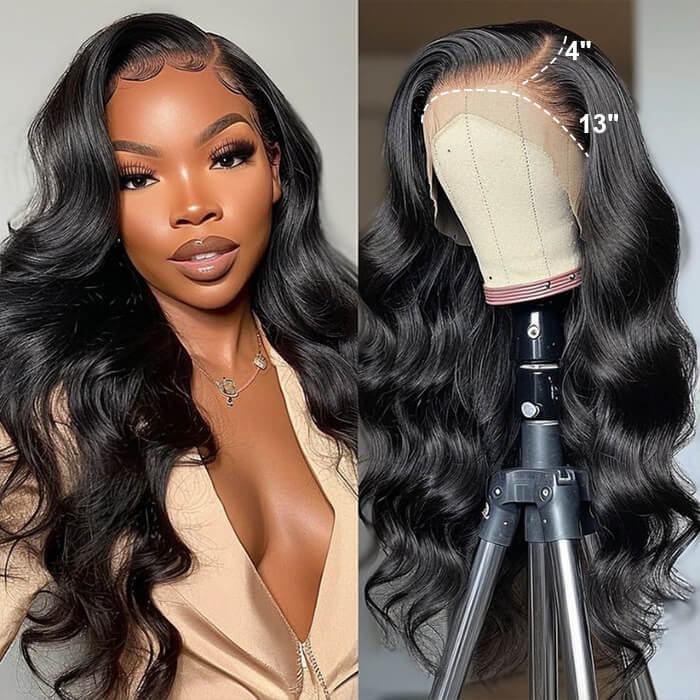 Body Wave 13x4 Transparent Lace Frontal Glueless Wig Human Hair
