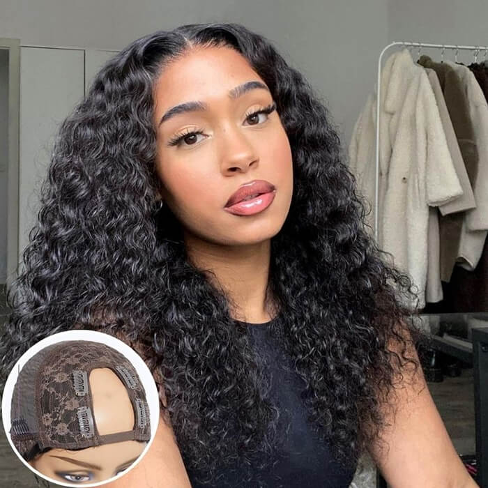 Beginner Friendly Deep Wave U Part Gluless Wigs 100% Human Hair Wig