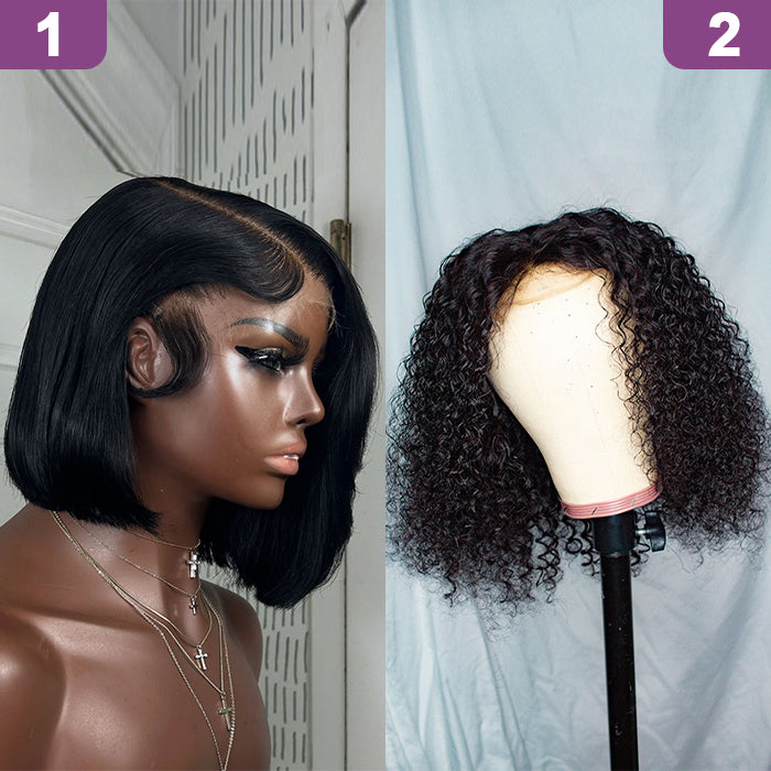 2 Glueless Wigs Set | 10'' Super Double Drawn Frontal Bob Wig+14'' Lace Closure Curly Bob Wig