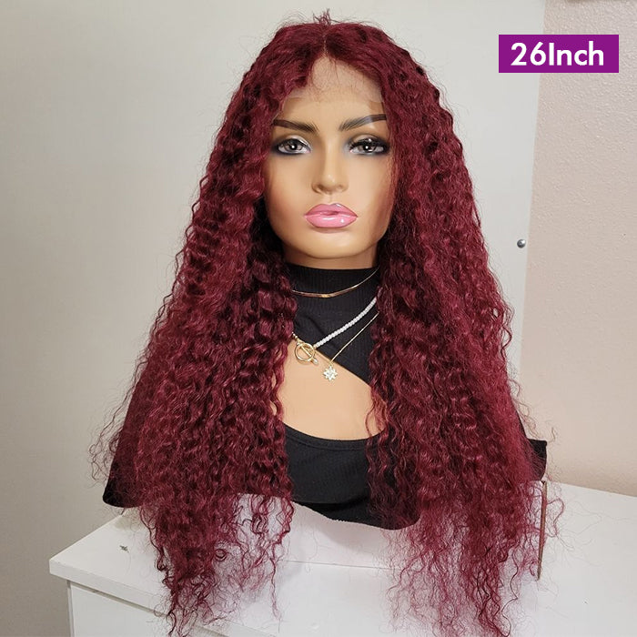 Real Show | Deep Curly Wig | 99J Burgundy Color | Frontal/Closure Transparent Lace Glueless Wig (10-32'')