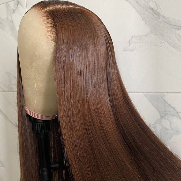 [18''=₵999] Brown Color Straight HD Invisible Glueless Closure/ Frontal Wigs 100% Human Hair