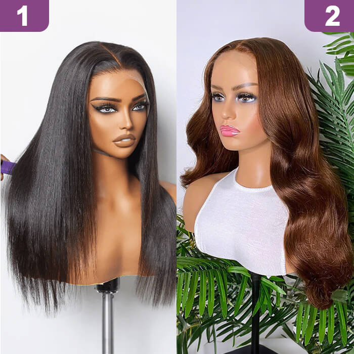 2 Glueless Wigs Set | 20'' Frontal Straight Wig+24'' Closure 4x4 Lace Brown Body Wave Wig