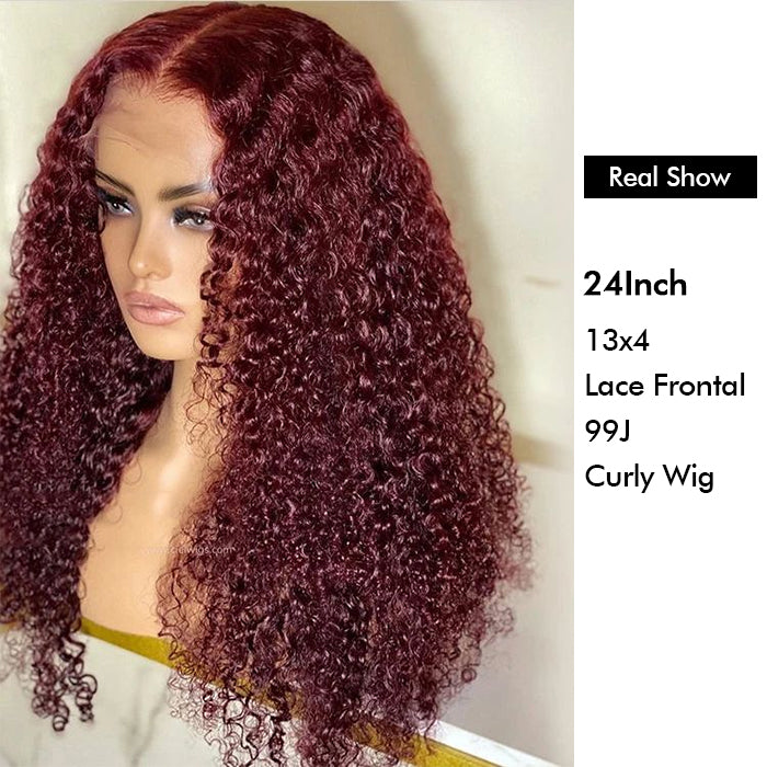 Real Show | Deep Curly Wig | 99J Burgundy Color | Frontal/Closure Transparent Lace Glueless Wig (10-32'')