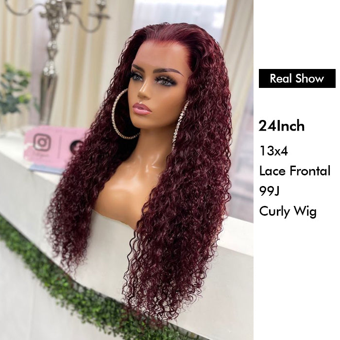 Real Show | Deep Curly Wig | 99J Burgundy Color | Frontal/Closure Transparent Lace Glueless Wig (10-32'')