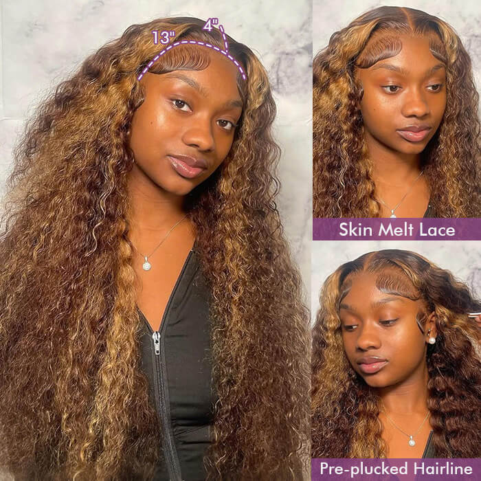 Honey Blonde Highlights P4/27 Colored Deep Wave HD Lace 100% Virgin Human Hair Glueless Wigs