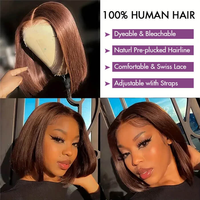 Pre-cut Lace Frontal/Closure | Brown #4 Wig | Straight Bob Wig