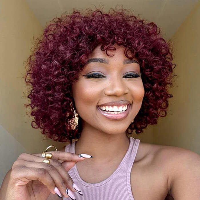 Glueless Machine Made Wig | Red Wine 99J Color |  Pixie Cut Short Curly Wig