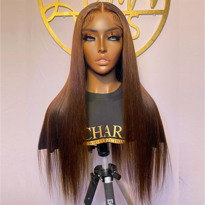 [18''=₵999] Brown Color Straight HD Invisible Glueless Closure/ Frontal Wigs 100% Human Hair