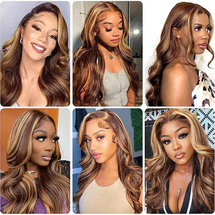 Highlight Ombre Colored Straight/Body Wave Wigs 13x4 Transparent  Glueless Lace Frontal Brazilian Human Hair