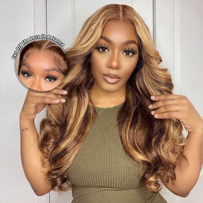 Highlight Ombre Colored Straight/Body Wave Wigs 13x4 Transparent  Glueless Lace Frontal Brazilian Human Hair
