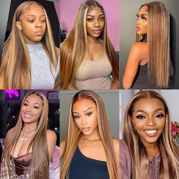 Highlight Ombre Colored Straight/Body Wave Wigs 13x4 Transparent  Glueless Lace Frontal Brazilian Human Hair
