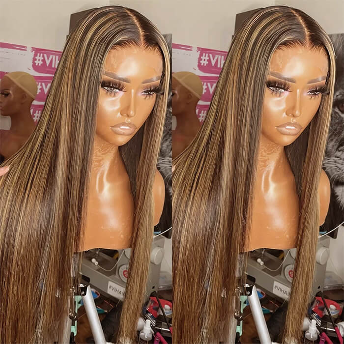 Highlight Ombre Colored Straight/Body Wave Wigs 13x4 Transparent  Glueless Lace Frontal Brazilian Human Hair