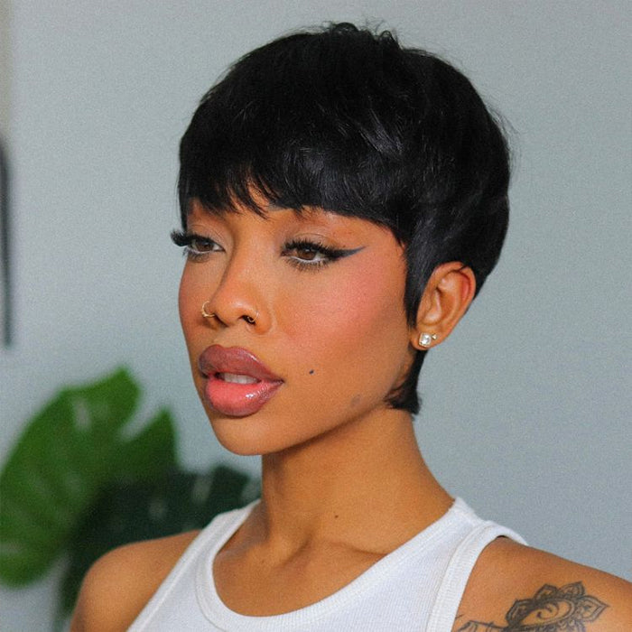 Glueless Natural Black Pixie Cut With Bangs Minimalist Machine Made Wig