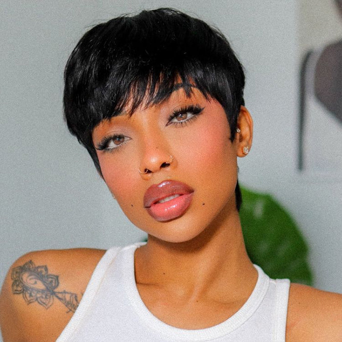 Glueless Natural Black Pixie Cut With Bangs Minimalist Machine Made Wig