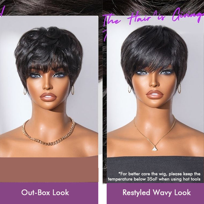 Glueless Natural Black Pixie Cut With Bangs Minimalist Machine Made Wig