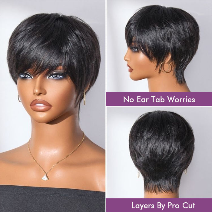 Glueless Natural Black Pixie Cut With Bangs Minimalist Machine Made Wig