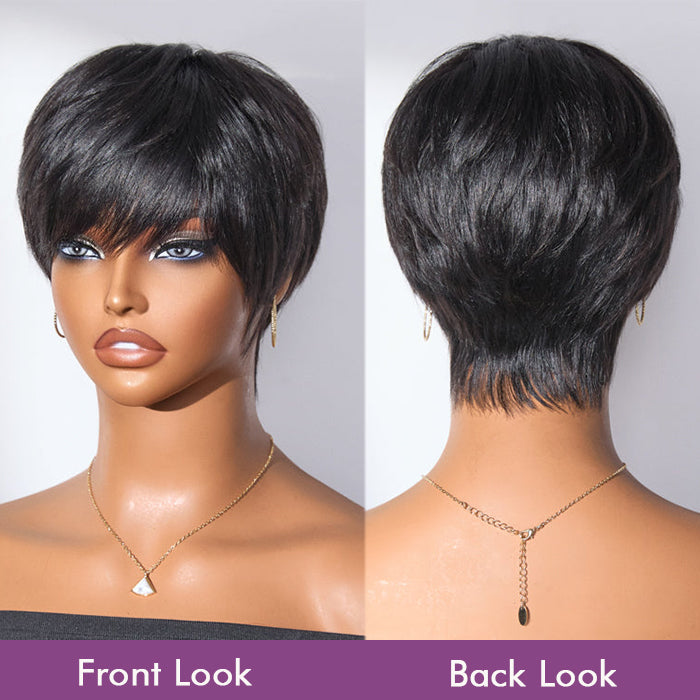 Glueless Natural Black Pixie Cut With Bangs Minimalist Machine Made Wig