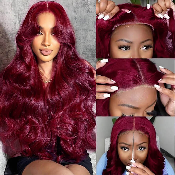 Glueless Human Hair Wig 99J Burgundy Body Wave Hair Pre-cut Lace Wig