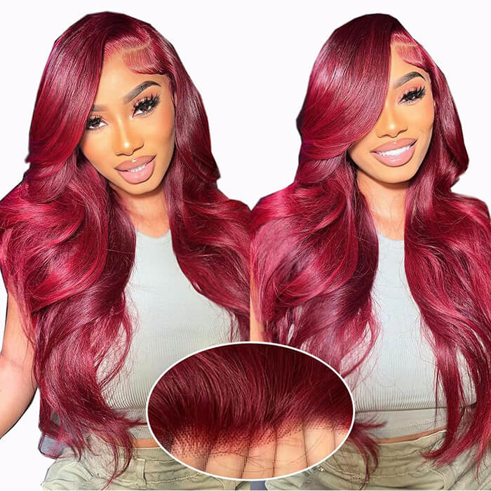 Glueless Human Hair Wig 99J Burgundy Body Wave Hair Pre-cut Lace Wig