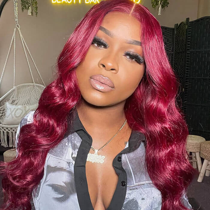 Glueless Human Hair Wig 99J Burgundy Body Wave Hair Pre-cut Lace Wig