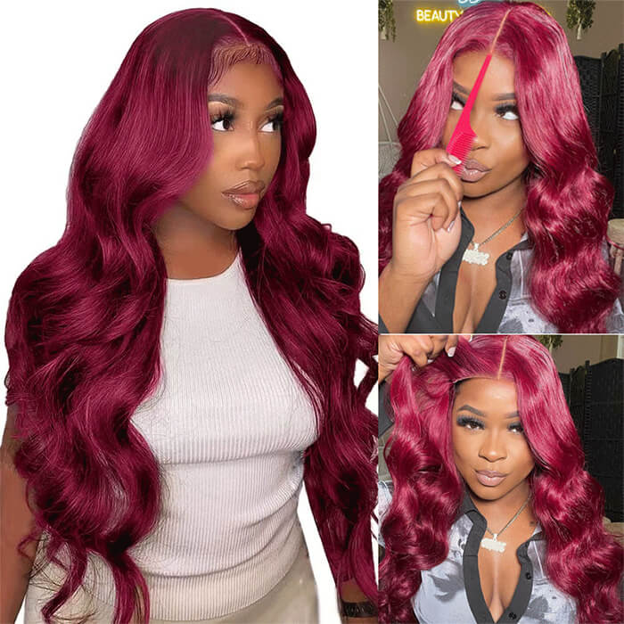 Glueless Human Hair Wig 99J Burgundy Body Wave Hair Pre-cut Lace Wig