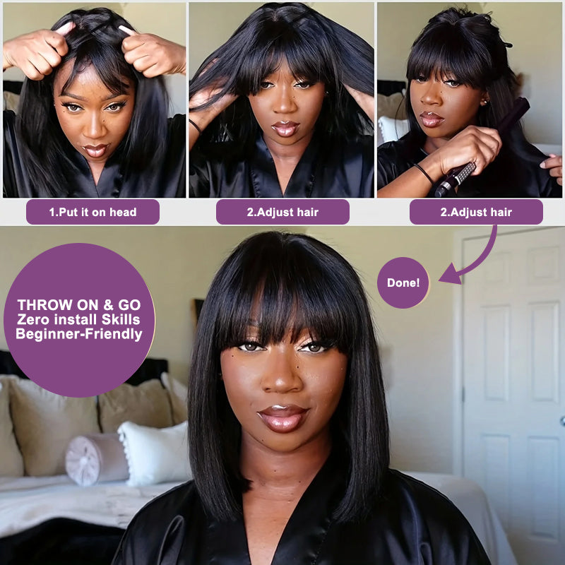Glueless Machine Made Wig |Straight Bob Wig With Bangs(10''-12'')