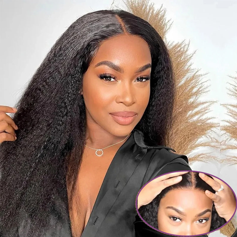 Wear And Go Yaki Straight Wig Transparent Glueless Human Hair Pre Cut Lace Wig