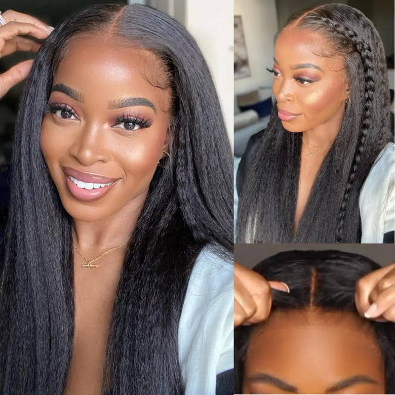 Wear And Go Yaki Straight Wig Transparent Glueless Human Hair Pre Cut Lace Wig